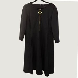 DKNY Black Dress Women's 16 A Line Gold Ring Zip Long Sleeve Minimalist Chic